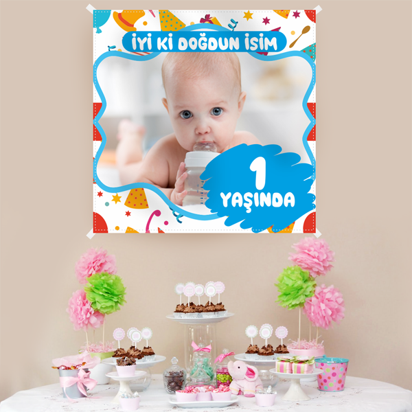 Kişiye Özel Resimli Doğum Günü Kumaş Afiş 150x150 cm