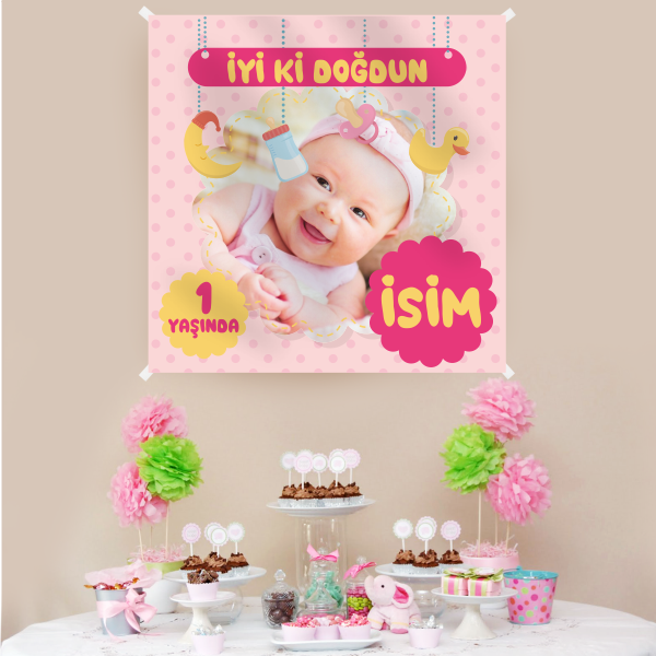 Kişiye Özel Resimli Doğum Günü Kumaş Afiş 150x150 cm