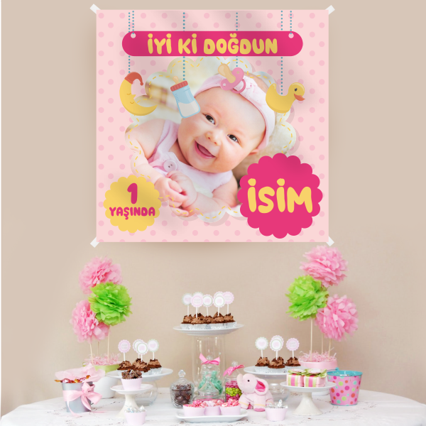 Kişiye Özel Resimli Doğum Günü Kumaş Afiş 150x150 cm