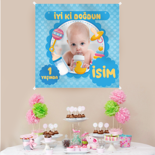 Kişiye Özel Resimli Doğum Günü Kumaş Afiş 150x150 cm