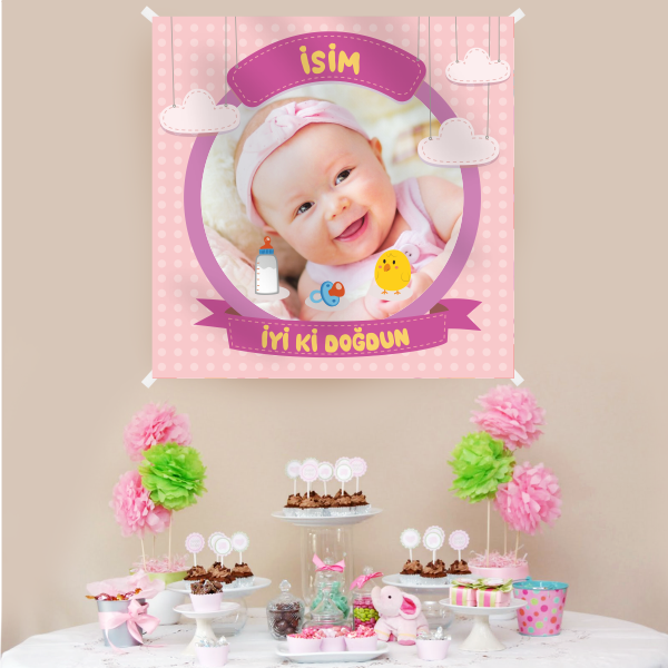 Kişiye Özel Resimli Doğum Günü Kumaş Afiş 150x150 cm