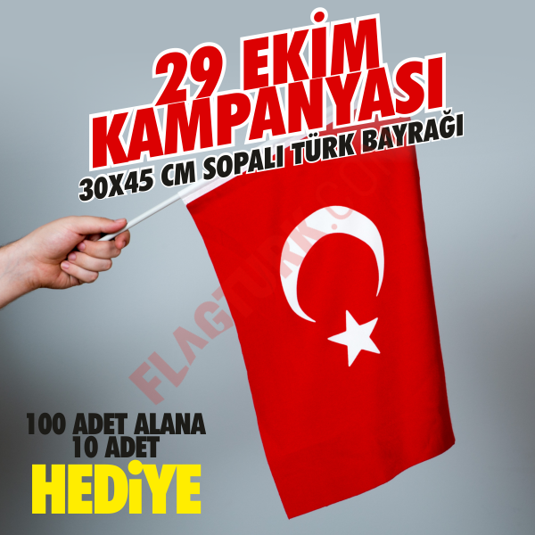 Sopalı Türk Bayrağı 30x45 cm Alpaka Kumaş 100 Adet+10 Adet