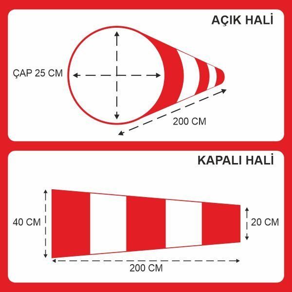 Rüzgar Çorabı-Tulumu  Çap 25 cm Uzunluk 20x40x200 cm / Kırmızı -Beyaz
